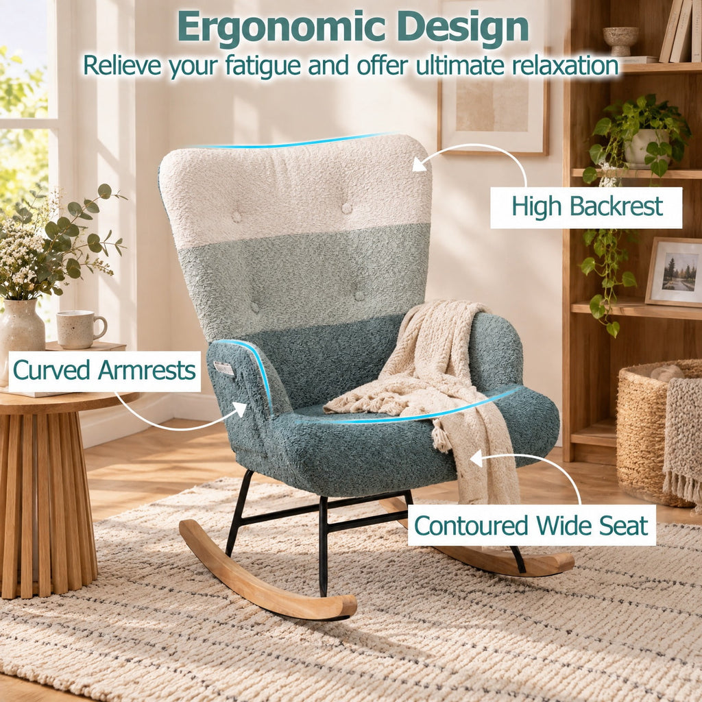 Airfind Nursery Rocking Chair with Ergonomic Armrests and High Backrest, 250 lbs Capacity, Boucle Sponge Metal Plywood Rubber Wood Frame, Colorful