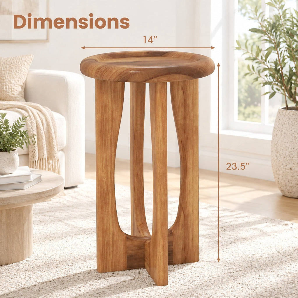 Airfind 14 Inch Farmhouse End Table with Round Tray Top and Wood Cross Legs, 110 lbs Capacity, Mahogany Wood Frame, 14 x 14 x 23.5 Footprint