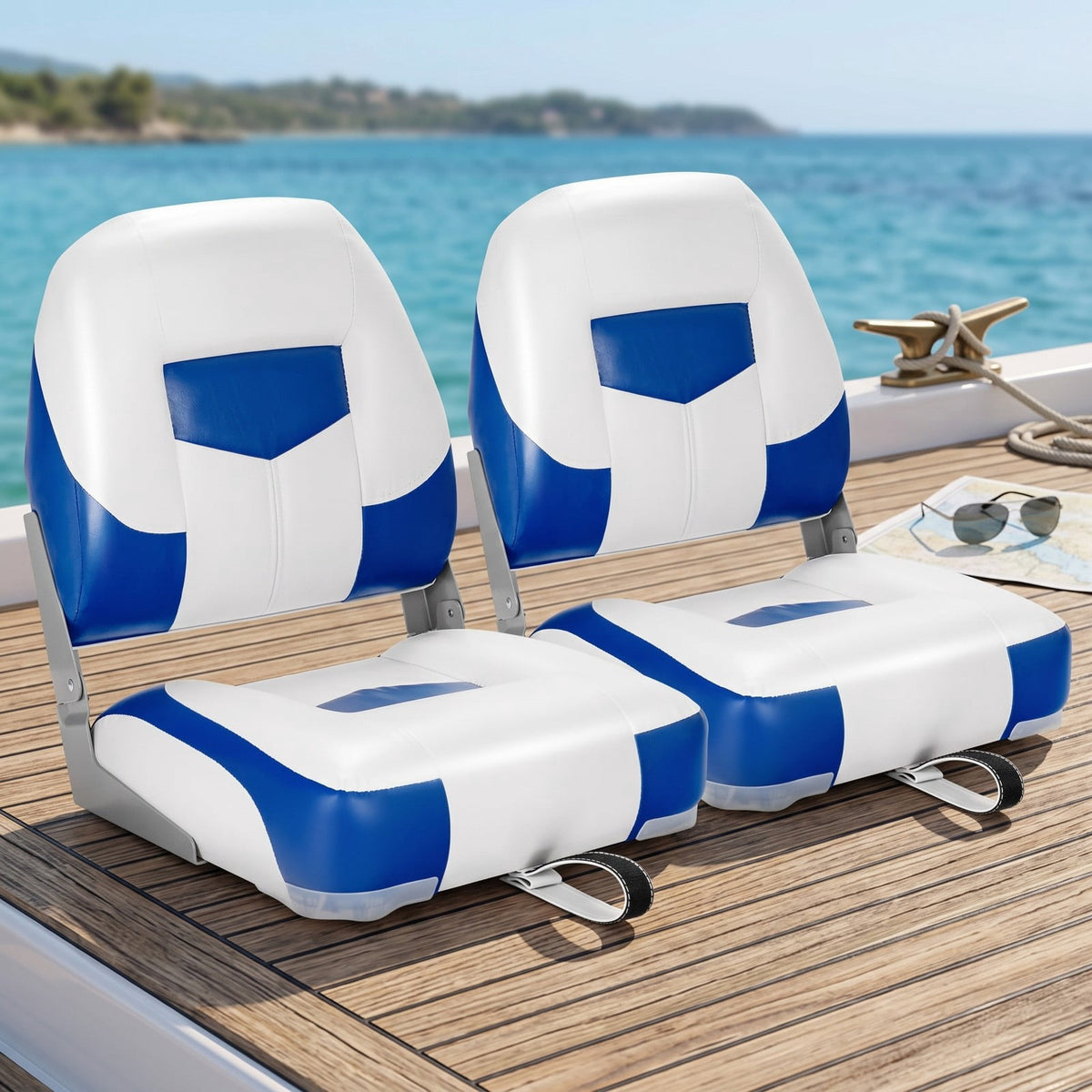 Airfind Folding Low Back Fishing Boat Seats 2 Pack with Padded Cushion and Stainless Steel Screws for Jon Boats and Pontoon Fishing, Blue and White