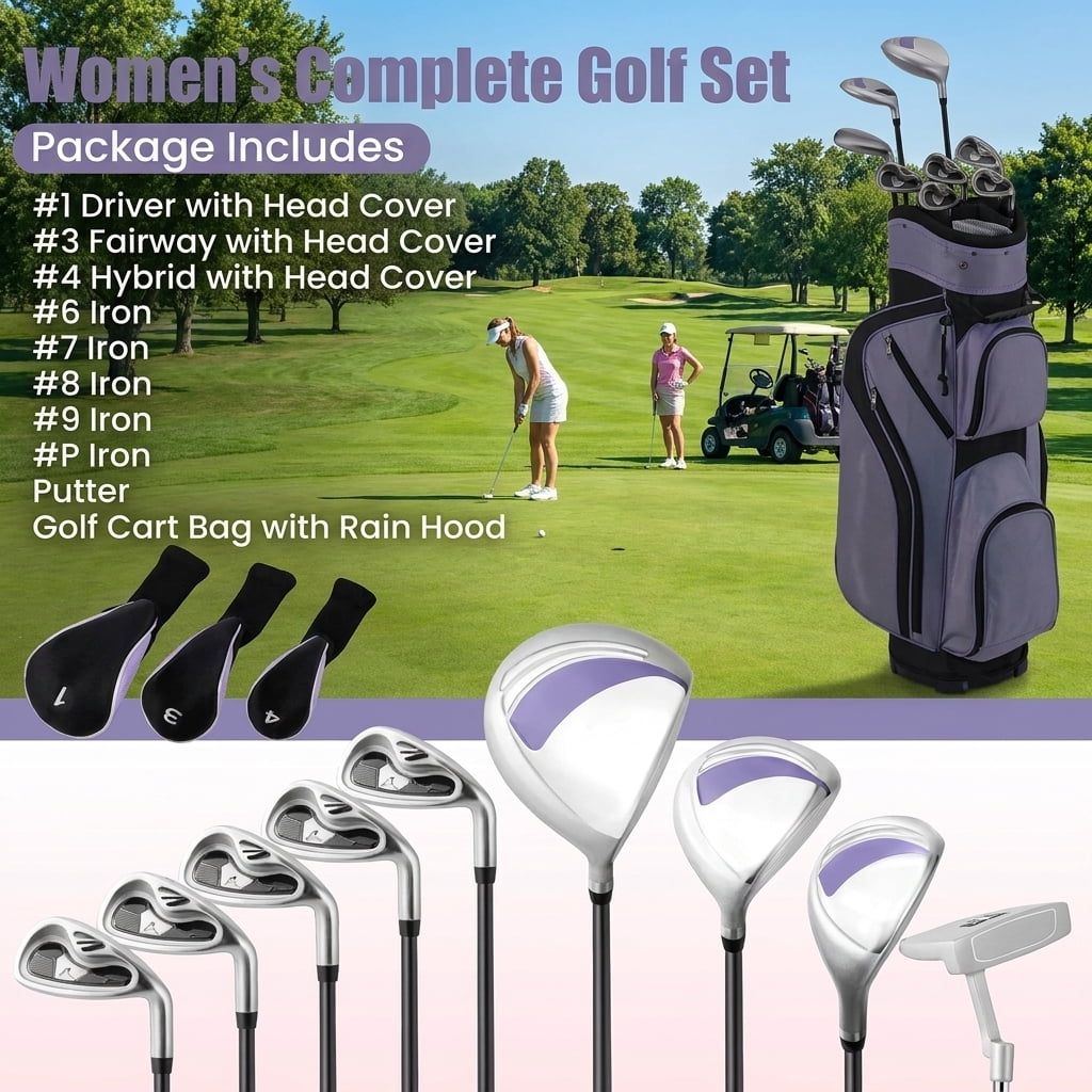 Airfind 10-Piece Ladies Complete Golf Club Set with 460CC Driver, Hybrid, Irons and Putter, Purple
