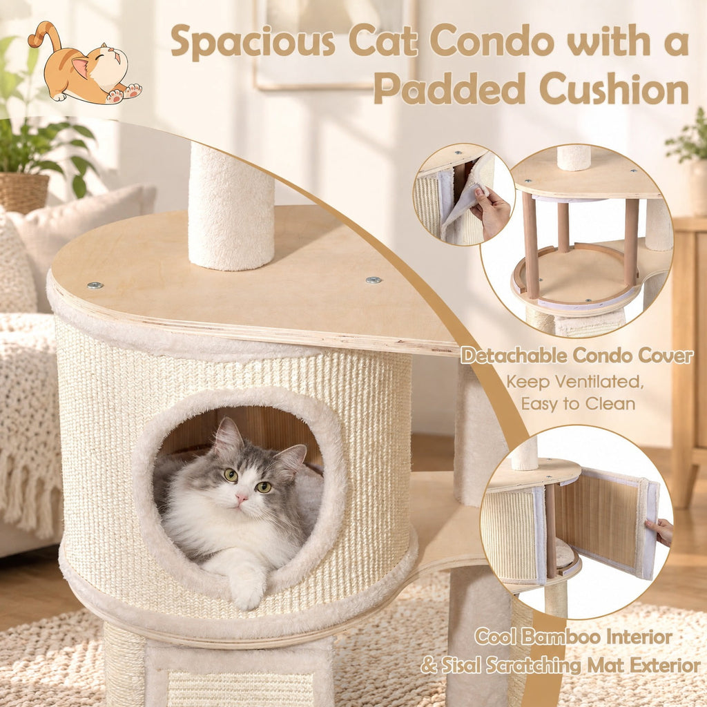 Airfind 56 Inch Tall Cat Tree with 2 Sisal Scratching Posts and Ladder, 33 lbs Capacity, 23 Inch x 19 Inch x 56 Inch Condo Footprint, Natural