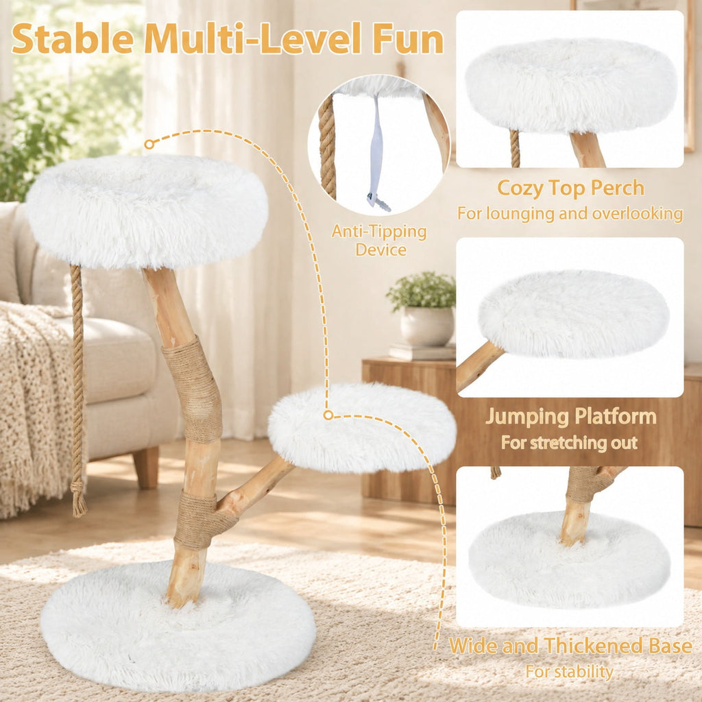 Airfind Modern Wooden Cat Tree Tower with Perch and Natural Jute Scratching Posts, 66 Lbs Capacity, Pear Wood Jute Long Plush Fabric, White