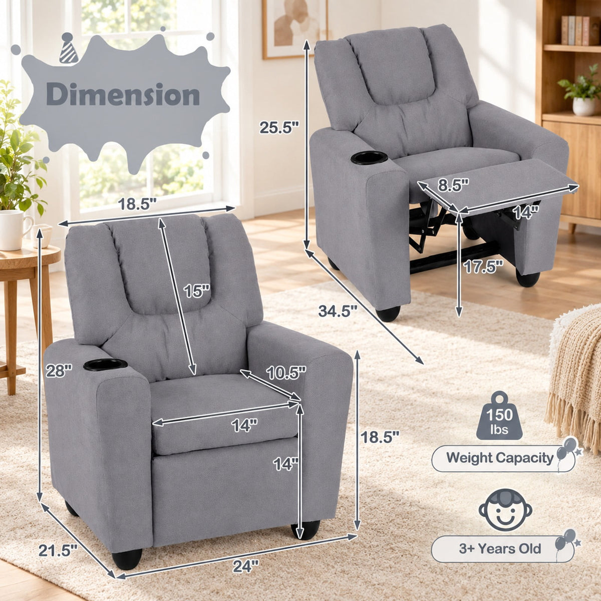 Airfind Kids Recliner Chair Push Back Toddler Reclining Armchair with Cup Holder, 150 lbs Capacity, Wood Frame, for 3+ years old, Gray