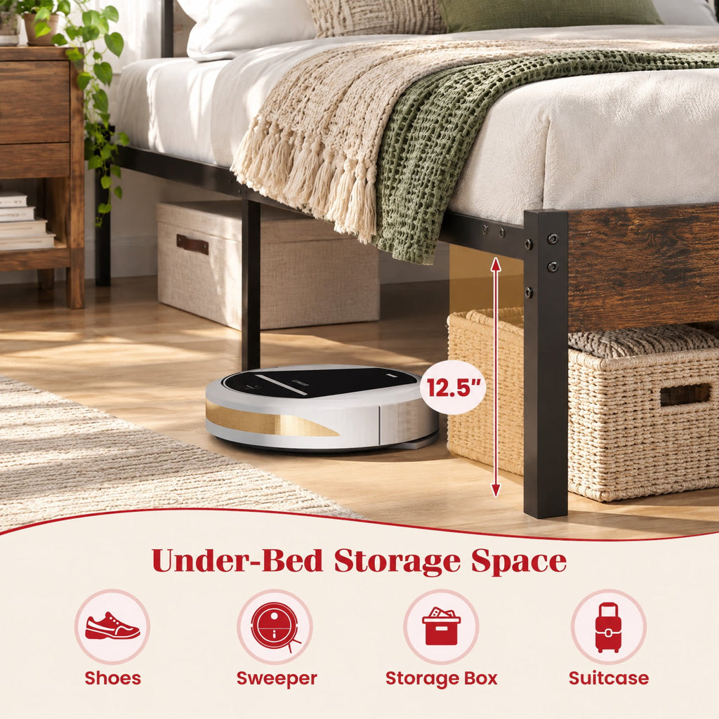 Airfind Heavy-Duty Metal Slats Support Bed Platform with Charging Station, 880 lbs Capacity, Metal Engineered Wood Frame, Brown