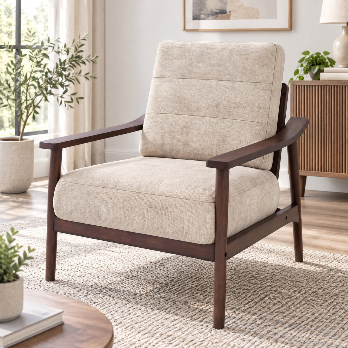 Airfind Modern Accent Chair with Rubber Wood Armrests and Legs for Living Room, 440 lbs Capacity, Natural