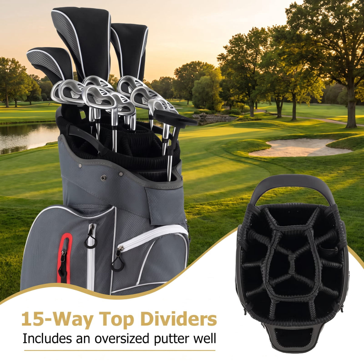 Airfind 9.5 Inch Lightweight Golf Cart Bag with 15 Way Top Dividers and 7 Zippegary Pockets and Cooler Bag and Rain Hood, Gray