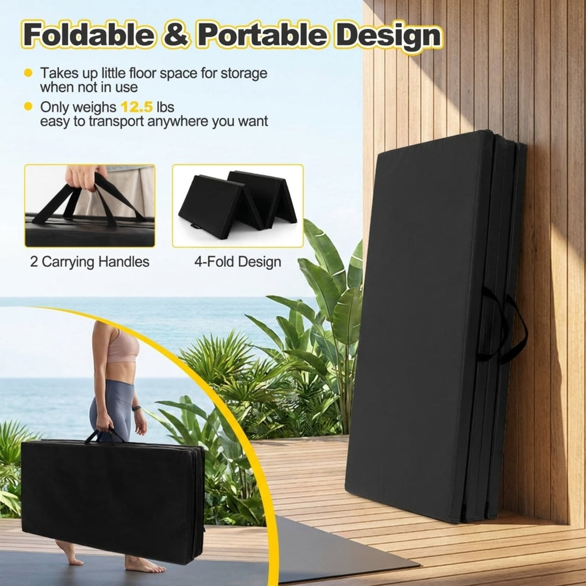 Airfind Folding Gymnastics Mat with Detachable Sweatproof PU Leather Cover and Carry Handles, Thick Foam Tumbling Exercise Mat, Black