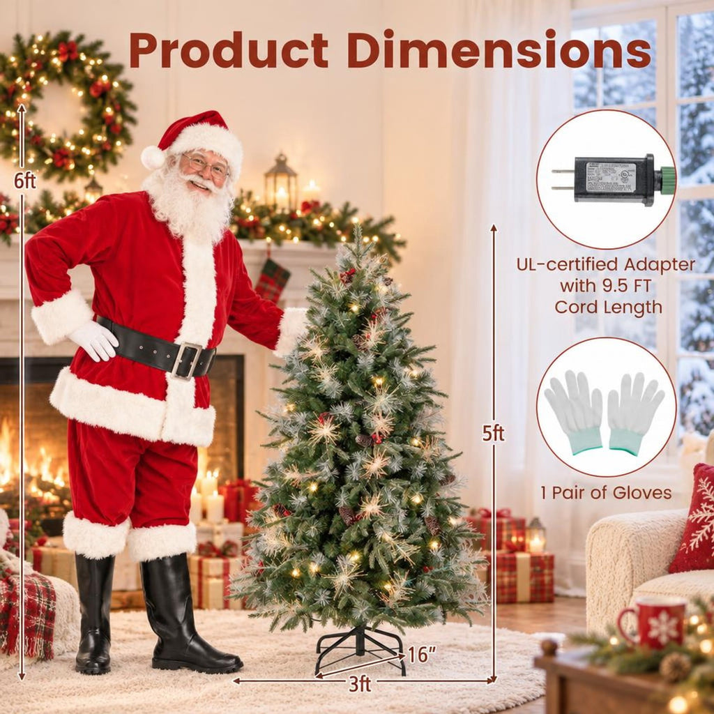 Airfind 5 Feet Pre-Lit Artificial Christmas Tree with 8 Modes LED Lights with Berries, PVC PE PET Metal 5 Feet Frame, 3 x 5 ft Footprint, Green