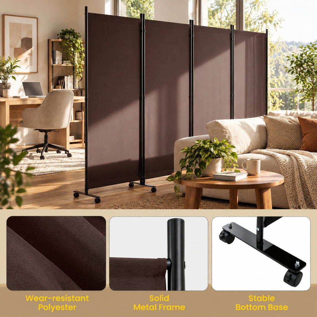 Airfind 4 Panel Folding Privacy Screen Room Divider with Wheels, Polyester Fabric Metal PP Frame, 137 x 12 x 71.5 Footprint, Brown