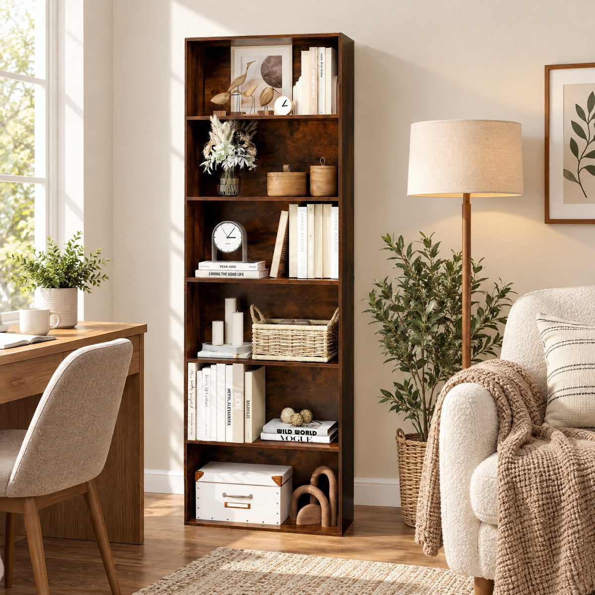 Airfind 6-Tier Bookcase with 6 Open Shelves and Anti-Toppling Kits, 200 lbs Capacity, MDF Engineered Wood Frame, 23.5in x 9.5in x 70in Footprint, Brown