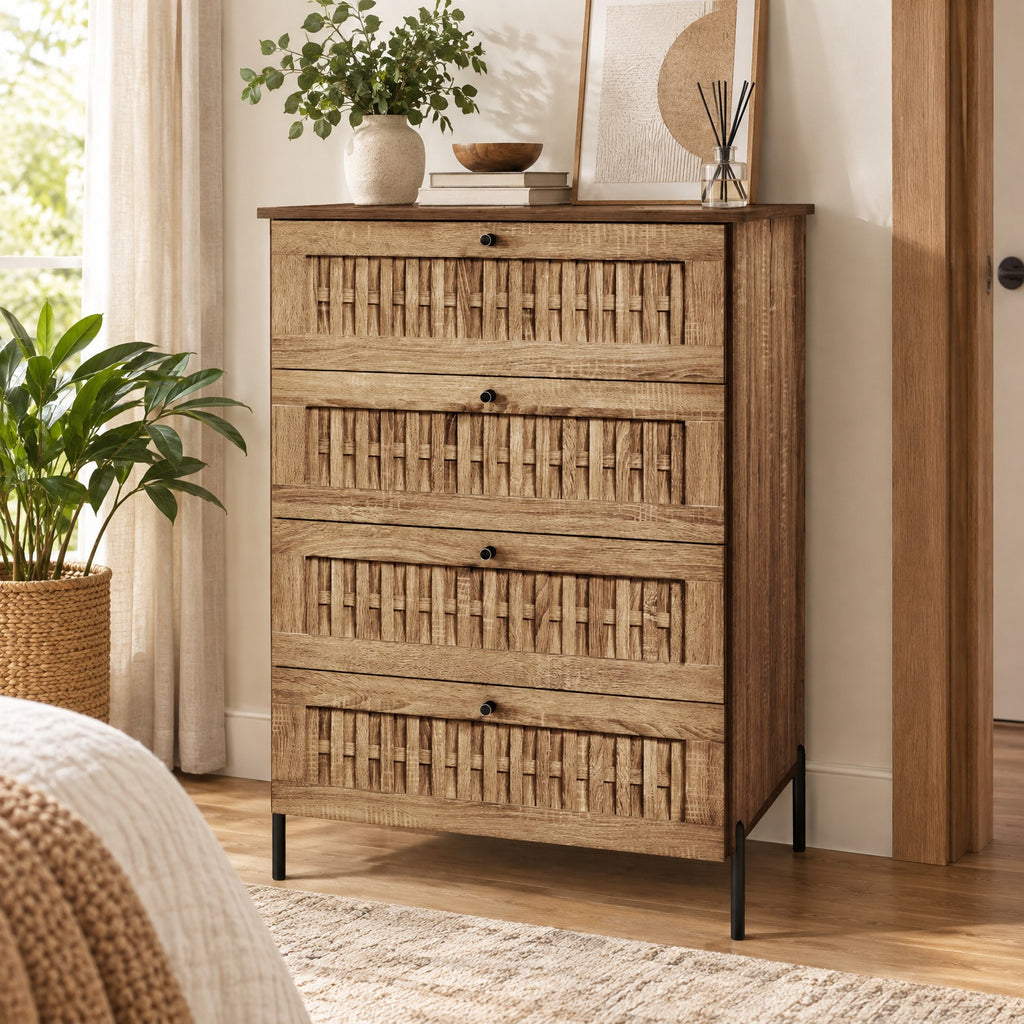 Airfind 4-Drawer Dresser with Interlocking Mechanism and Metal Legs for Bedroom, 155 lbs Capacity, Engineered Wood Metal Frame, Caramel Oak + Black