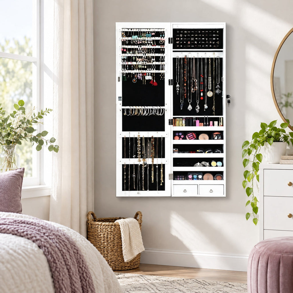 Airfind Wall Mounted Lockable Mirror Jewelry Cabinet with LED Light, Real glass quality MDF soft velvet Frame, 14.5in x 3.5in x 56.5in Footprint, White