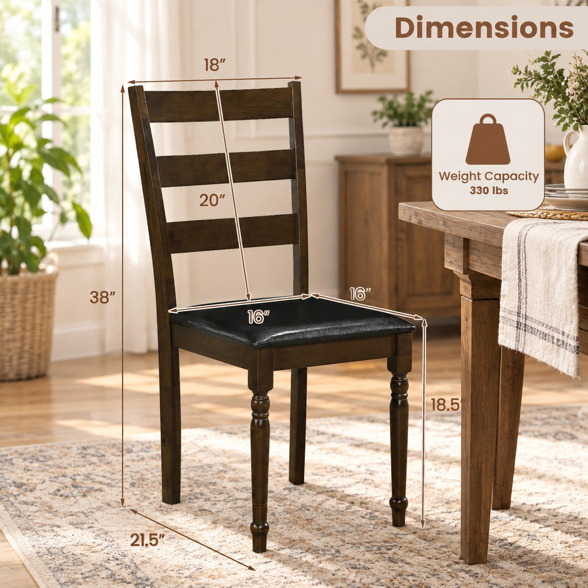 Airfind Farmhouse PU Leather Upholstered Dining Chairs Set of 2, Chair 330 lbs Capacity, Rubber Wood PU Leather Sponge Engineered Wood Frame, Brown