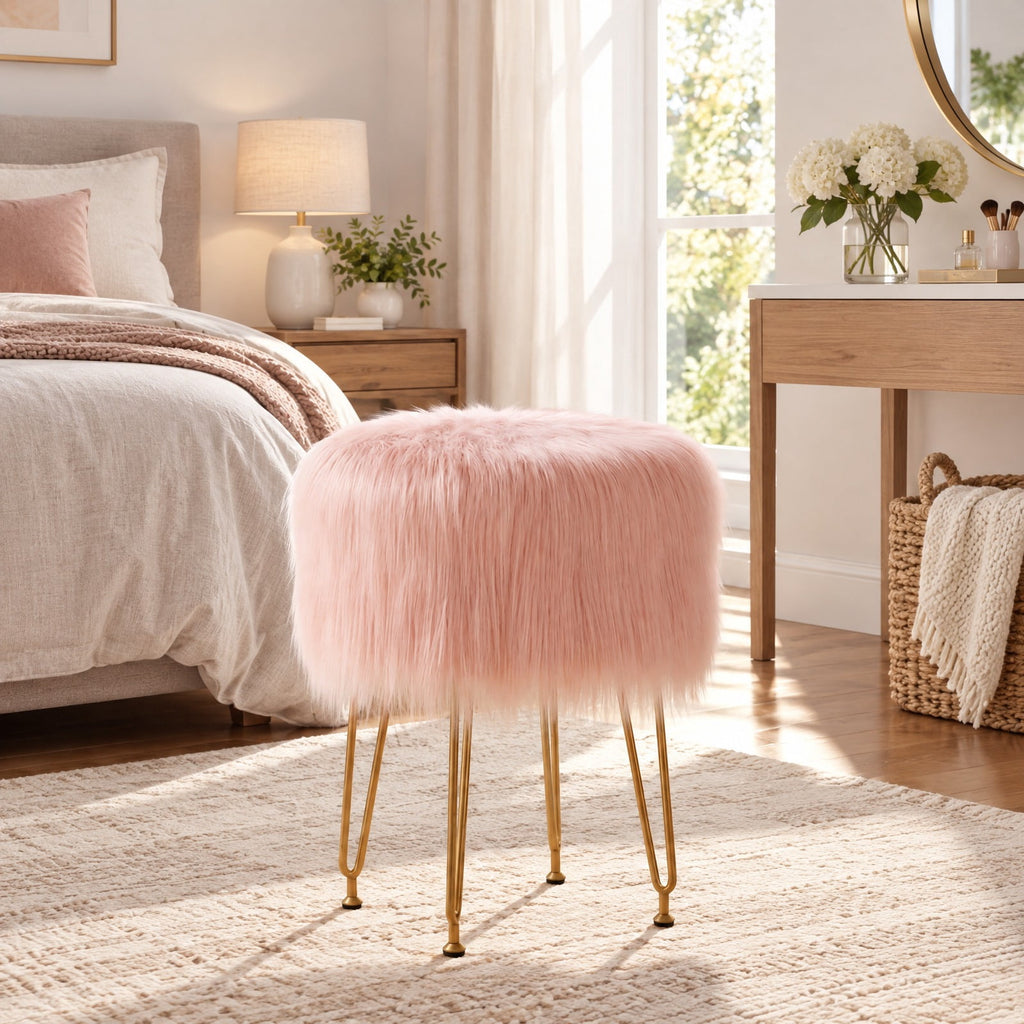 Airfind Faux Fur Vanity Stool Chair with Metal Legs for Bedroom and Living Room, 330 lbs Capacity, Faux Fur Sponge Metal MDF Plywood Frame, Pink