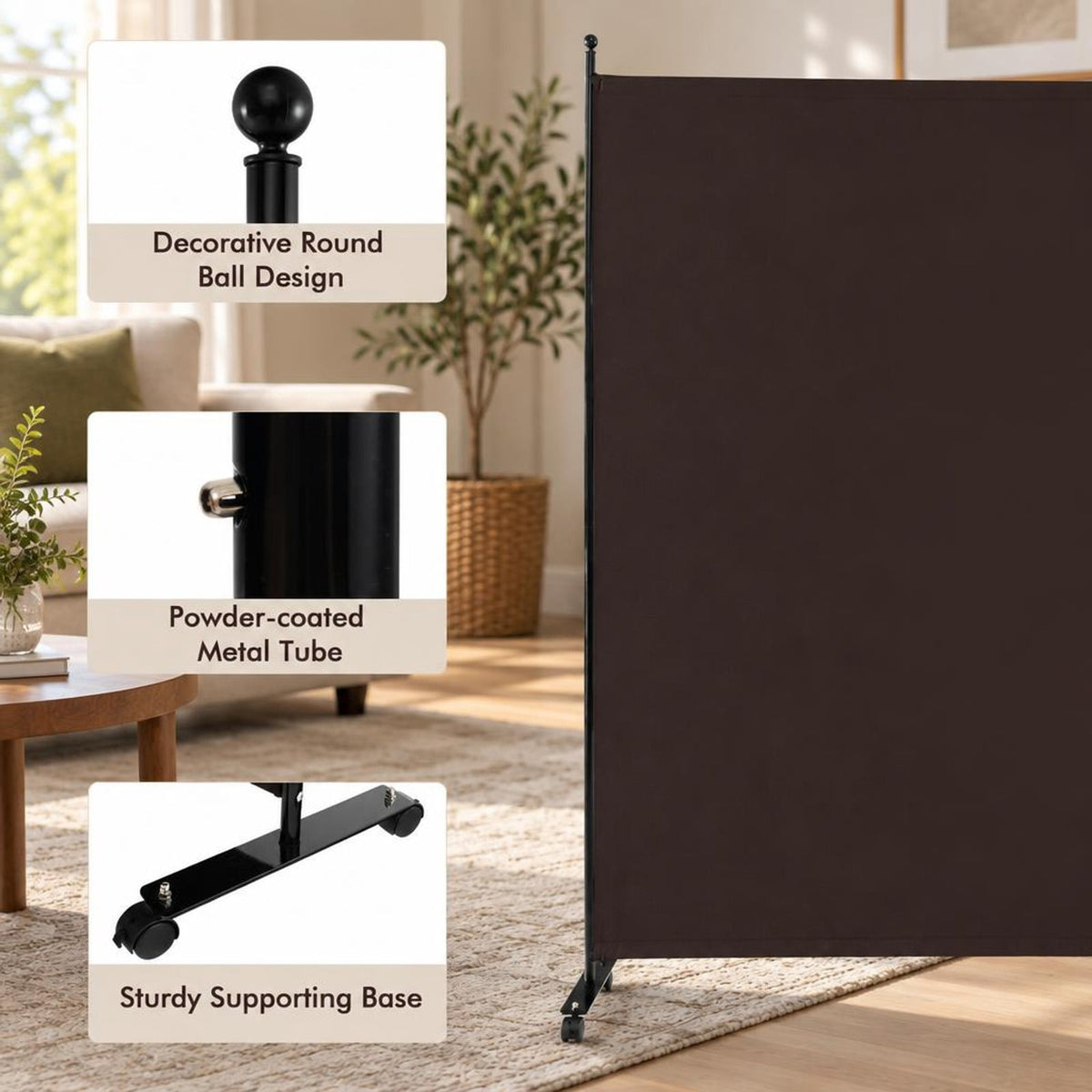 Airfind 6 Feet Single Panel Rolling Room Divider with Smooth Wheels, Metal polyester Frame, 73 x 12 x 73 Footprint, Brown