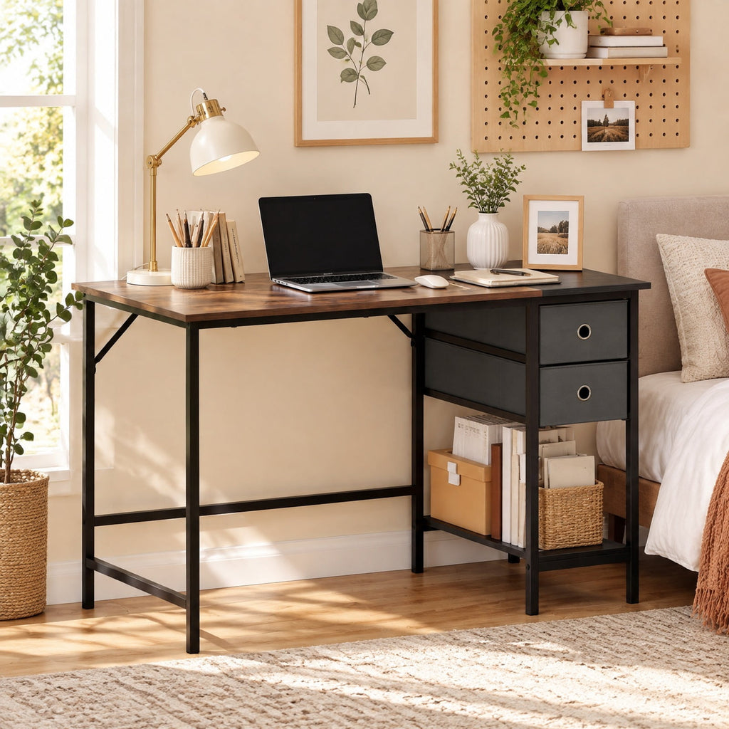 Airfind 48 Inch Computer Desk with 2 Fabric Drawers Industrial Home Office Desk, 110 lbs Capacity, Engineered Wood Metal Fabric Frame, Brown