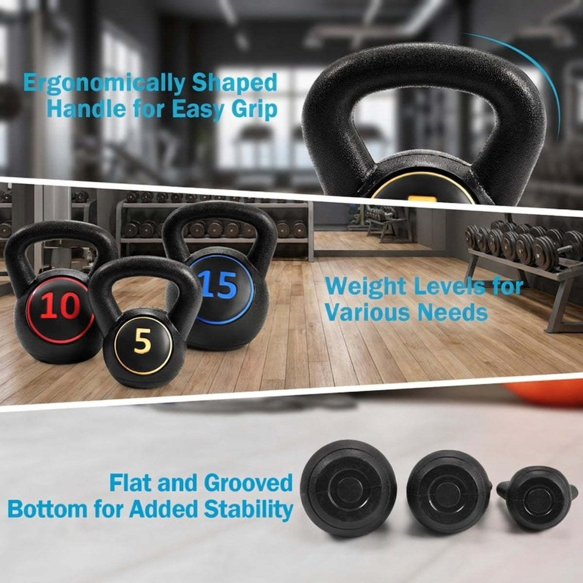 Airfind 3-Piece Cement Kettlebell Set (5-10-15 lbs) for Functional Strength Training, Black