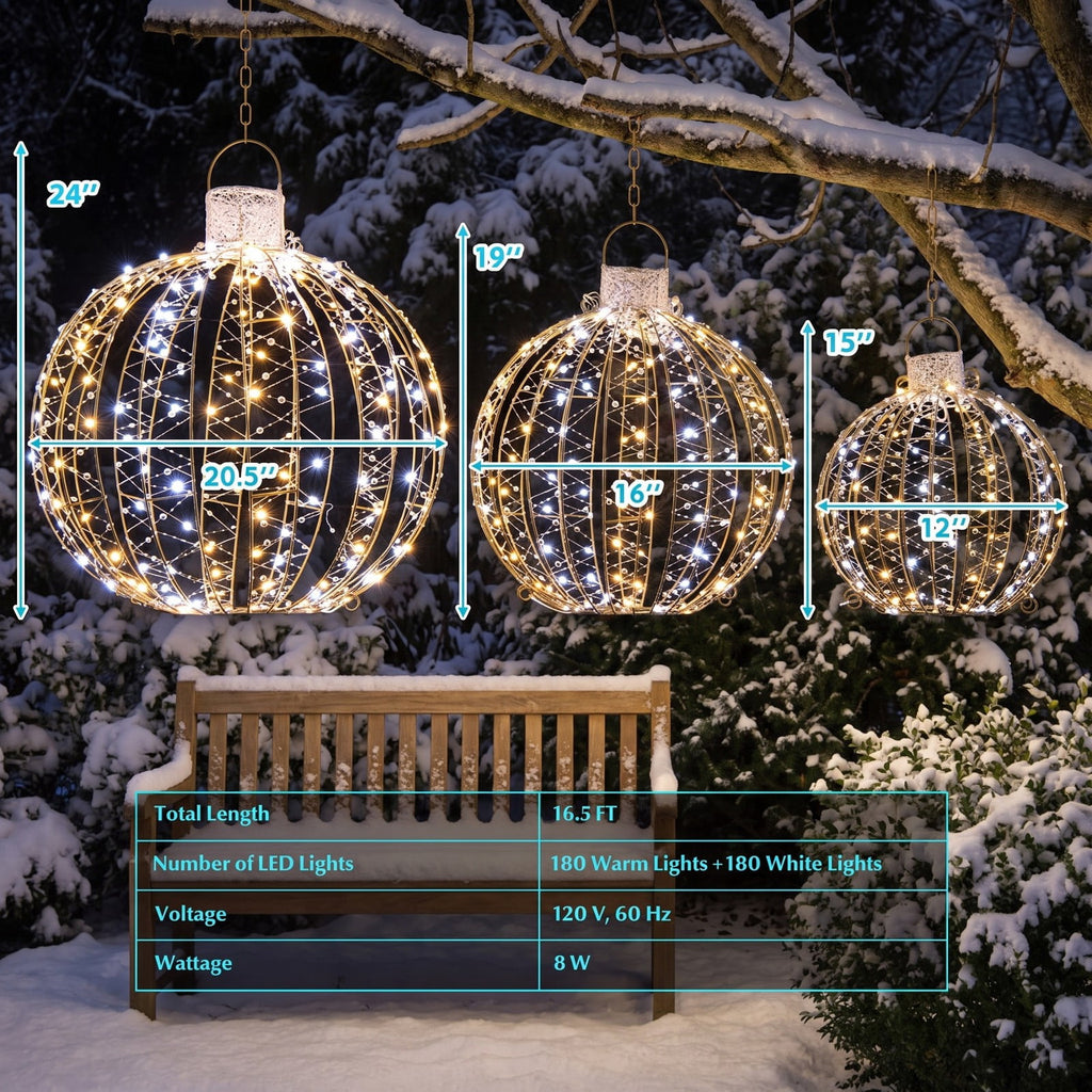 Airfind 3 Pack Christmas LED Light Balls with Cable Ties and 6 Stakes, Iron, 20.47 x 20.47 x 23.62 inch, Gold for Home, Patio and Everyday Use