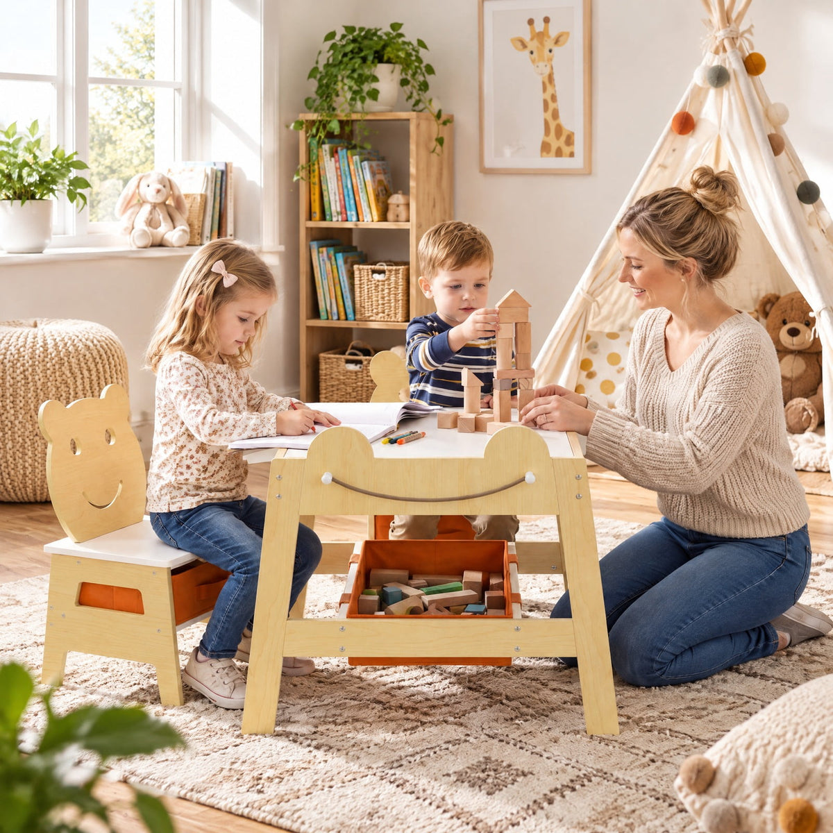 Airfind 5-in-1 Toddler Table and 2 Chairs Cute Art Desk Set with Reversible Chalkboard Whiteboard, 110 lbs Capacity, MDF Non-woven Fabric Frame