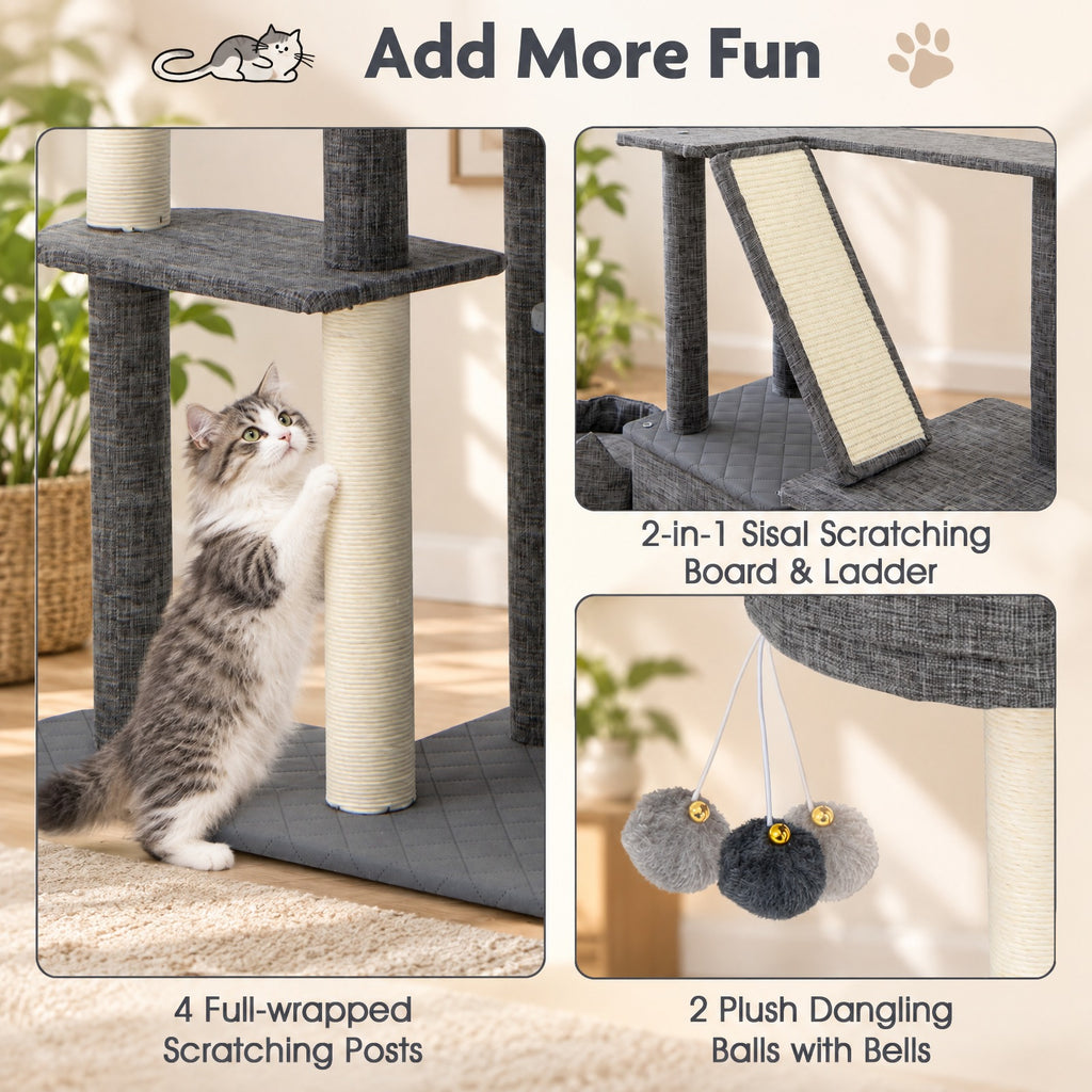 Airfind 71 Inch Tall Cat Tree Multi-Level Large Cat Tower with Scratching Posts, 33 lbs Capacity, 34in x 16in x 71in Condo Footprint, Grey