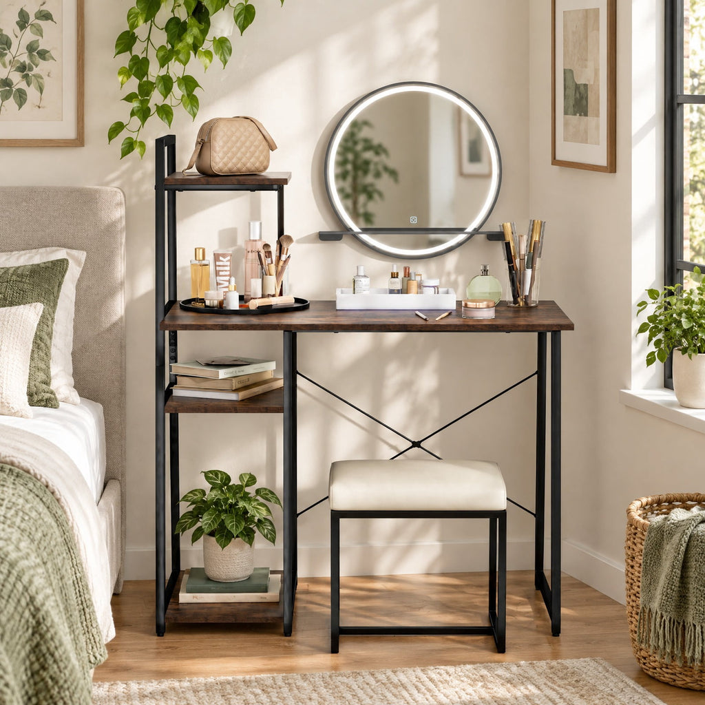 Airfind Computer Desk with Shelves and 3-Tier Storage Bookshelf, Metal Engineered Wood Frame, 39.5 x 20 x 47.5 Footprint, Brown