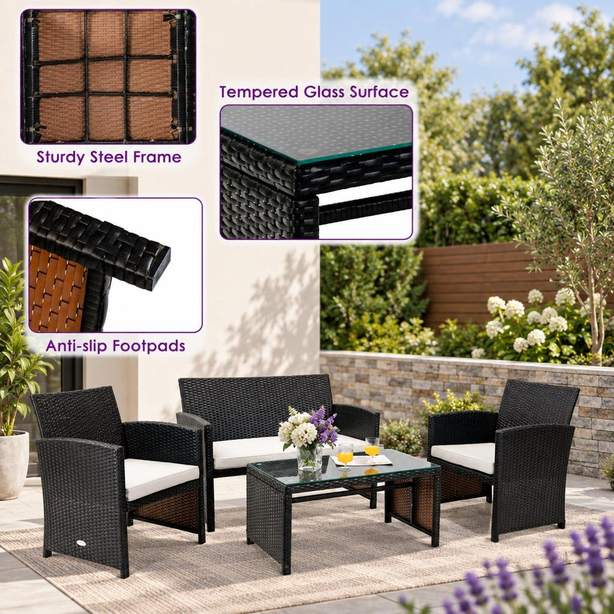 Airfind 4 Pieces Patio Rattan Cushioned Furniture Set with Coffee Table, Rattan Frame, 43.5 x 25 x 31 Footprint, White