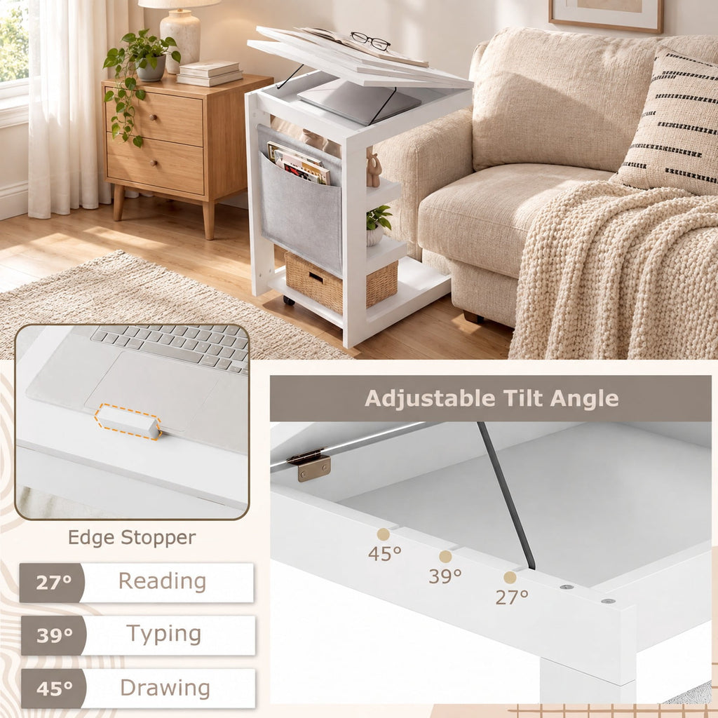 Airfind C-shaped End Table with Wheels and Adjustable Desktop for Sofa Couch Bedside, 210 lbs Capacity, Rubber Wood MDF Engineered Wood Fabric Frame