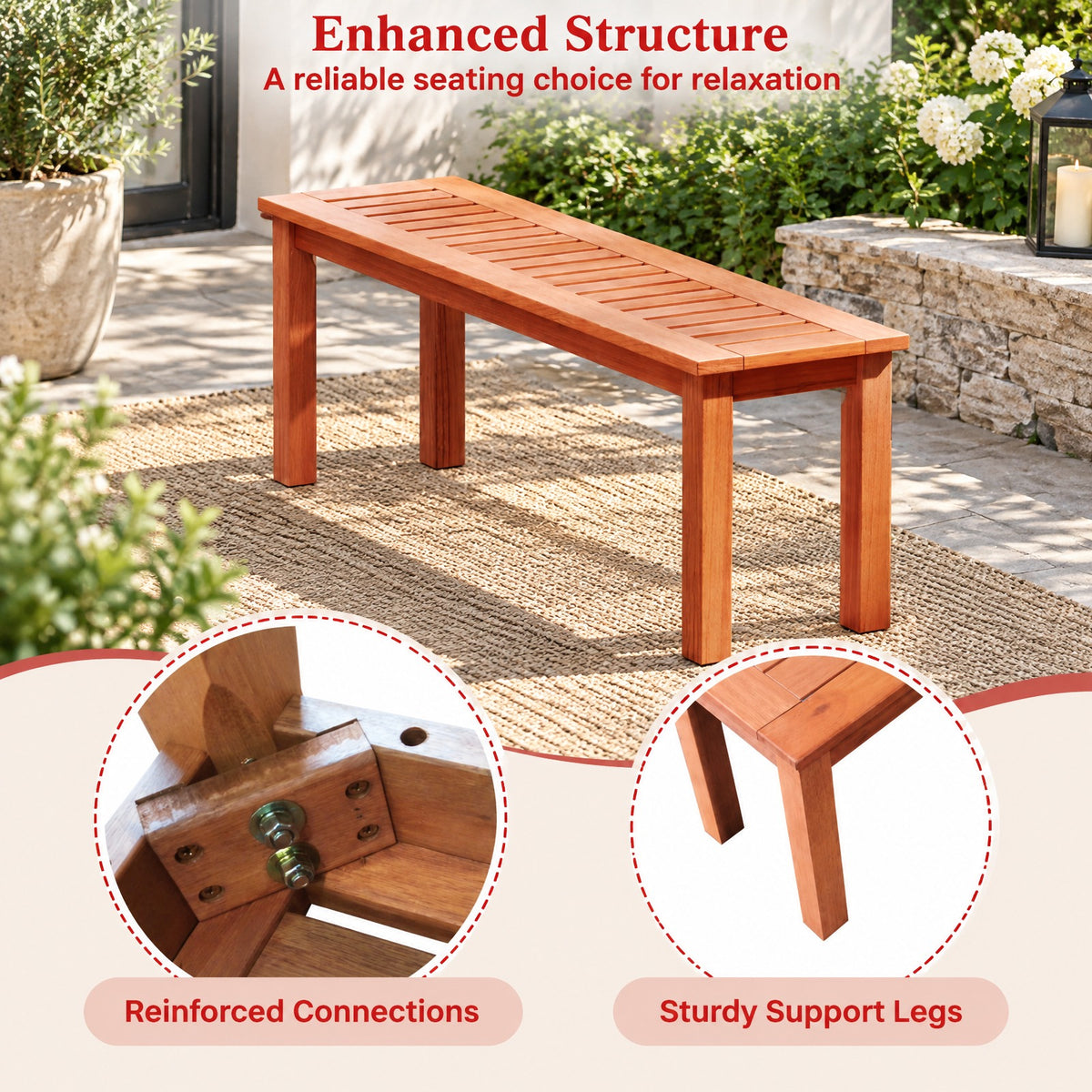 Airfind 47 Inch Patio Wood Bench with Slatted Seat 2, 705 lbs Capacity, Solid Wood Frame, 47 Inch x 12 Inch x 16 Inch Footprint, Wood