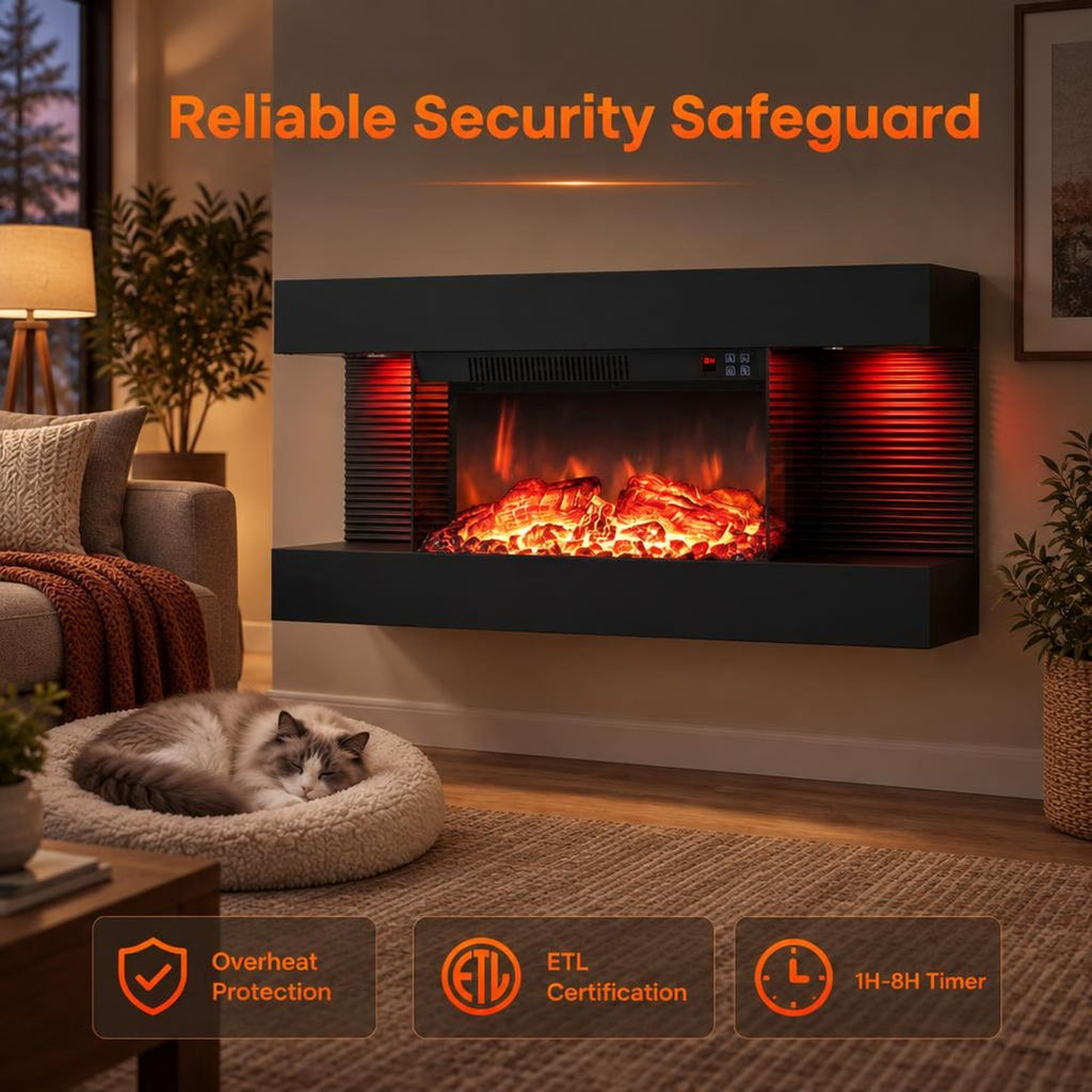 Airfind 3-Sided Black Wall Mount Electric WiFi Fireplace with Floating Mantel and 12 Flame Ambient-32 inches, Metal Tempered Glass Frame, Black