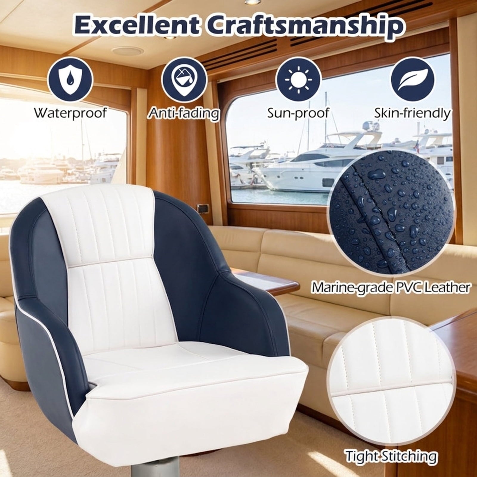 Airfind Captain Pontoon Bucket Seat with Marine-Grade Upholstery, Blue