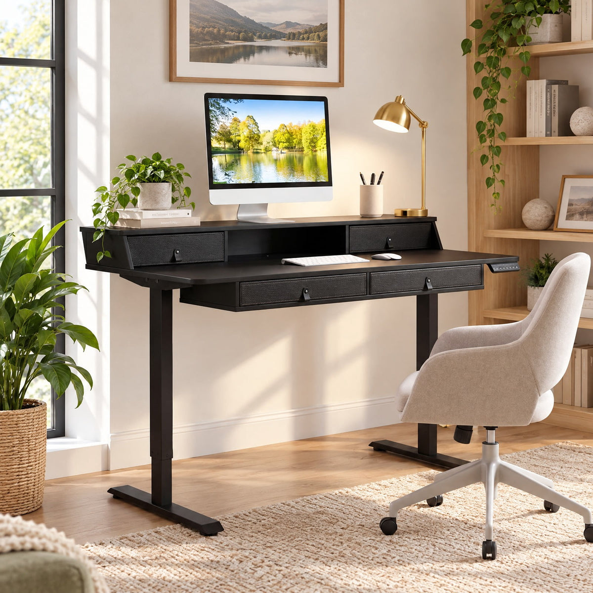 Airfind 55 Inch x 27 Inch Electric Standing Desk with Drawers, Engineered Wood Metal Fabric Frame, 55 Inch x 27 Inch x 33.5 Inch -51 Inch Footprint, Black