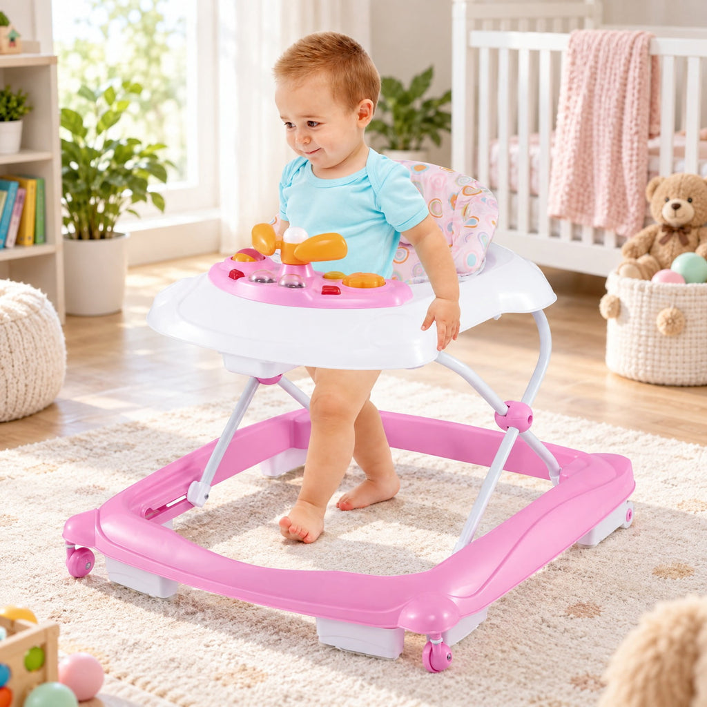 Airfind Foldable Baby Walker with 3 Adjustable Heights and Padded Seat, 26.5 lbs Capacity, PP Frame, for 7-14 months, Pink