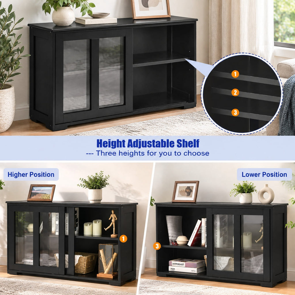 Airfind Kitchen Storage Cabinet with Glass Sliding Door, MDF transparent tempered glass Frame, 42in x 13.0in x 24.5in Footprint, Black