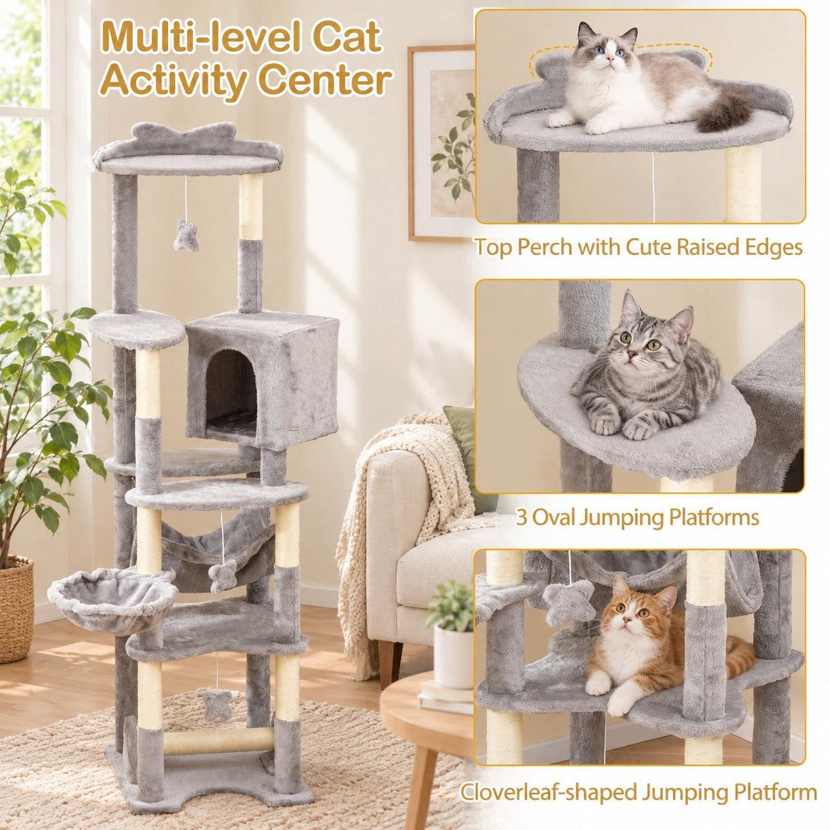 Airfind 69 Inch Multi-level Cat Tree with Top Perch and Cozy Condo, 11 lbs Capacity, Gray + Orange, Featuring large condo for peaceful rest