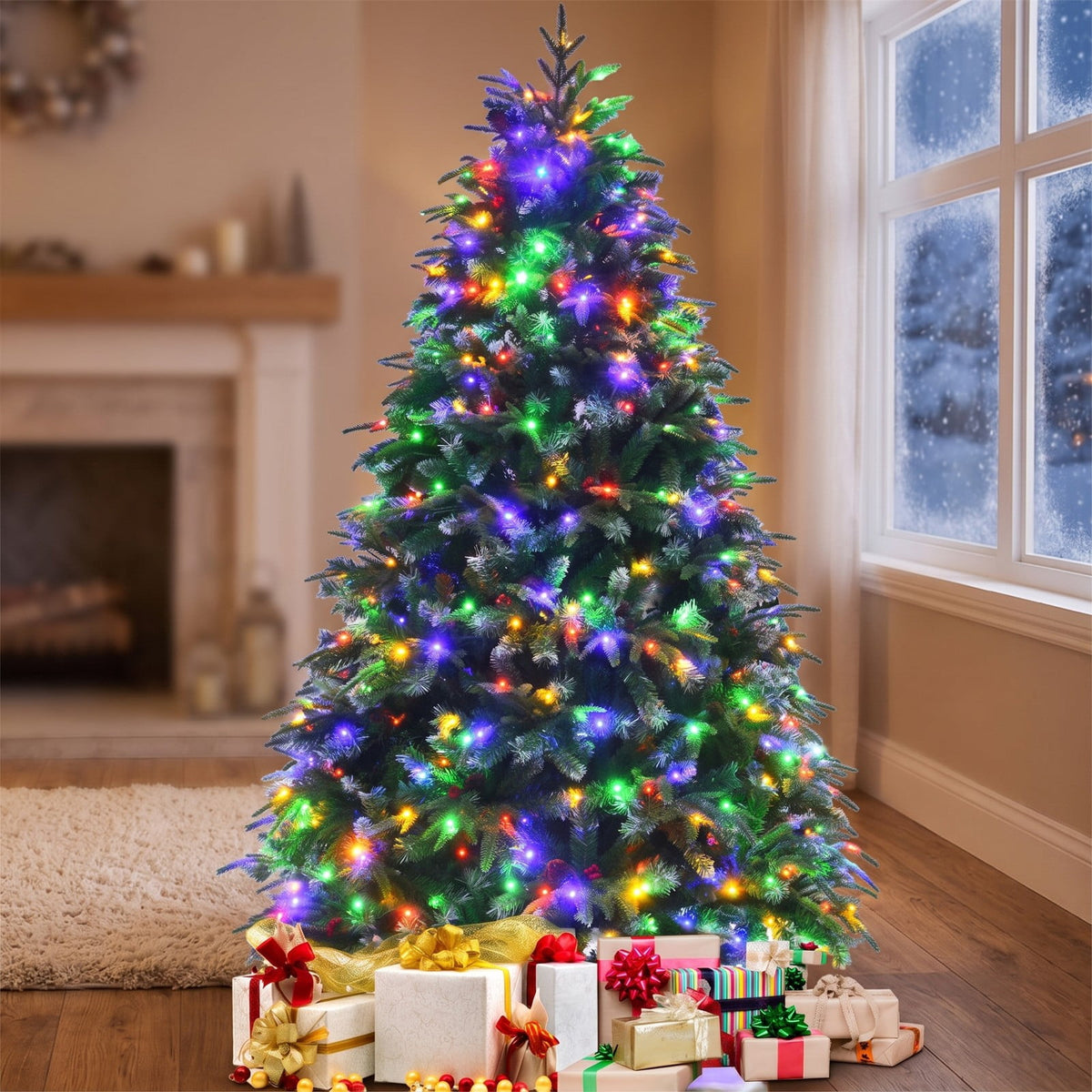 Airfind Pre-Lit Snowy Christmas Hinged Tree with Flash Modes and Multi-Color Lights-6 ft, PE PVC iron Height: 5 ft Base: 3.3 ft Frame, Green