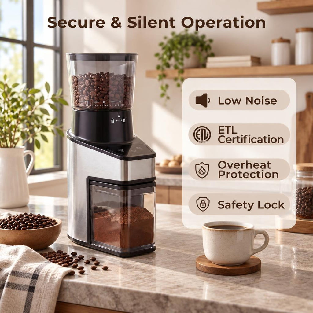 Airfind Conical Burr Coffee Grinder with 60 Precise Grinding Settings and Digital Display, Stainless Steel Aluminum Copper AS ABS Frame, Silver