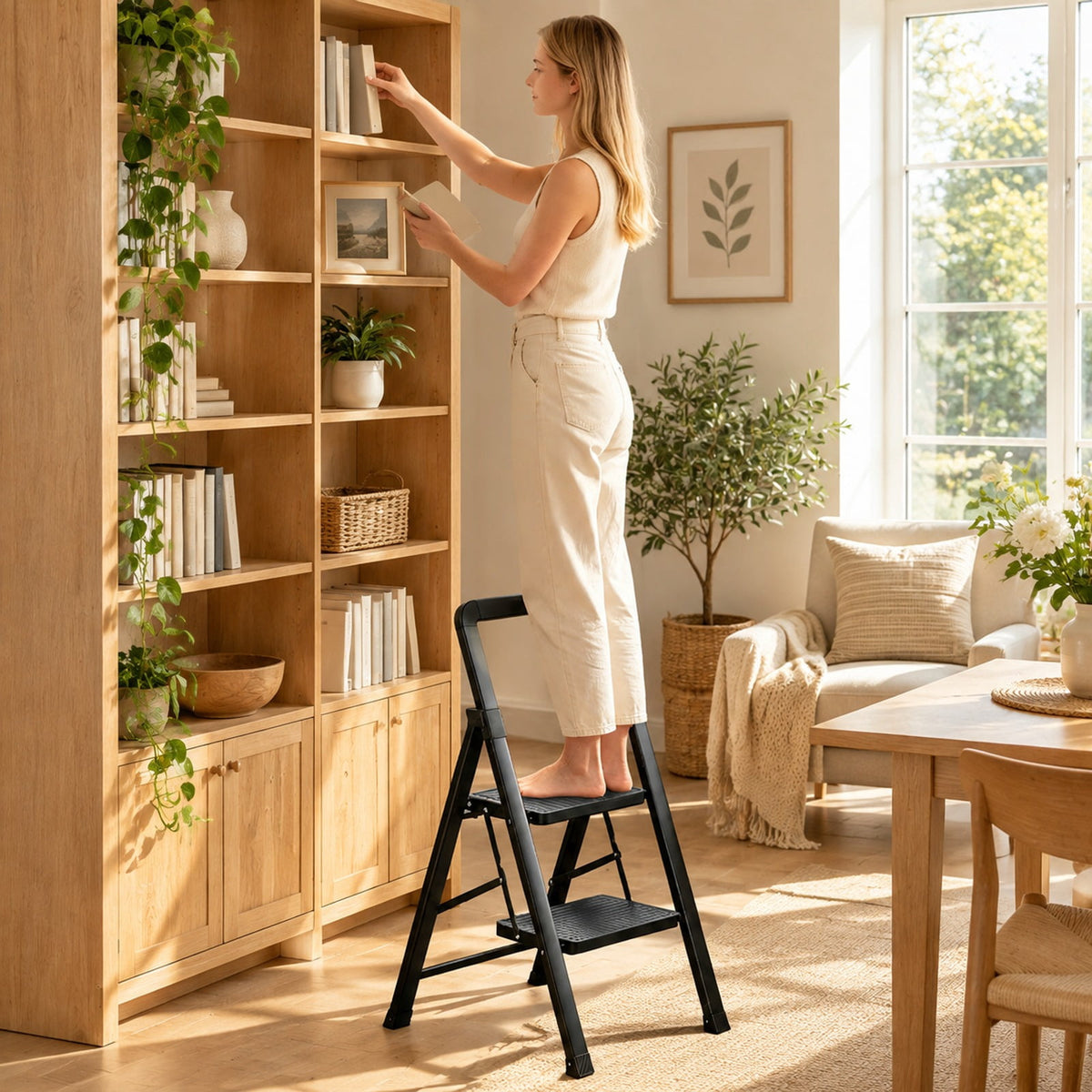 Airfind 2 Step Black Folding Step Stool with Wide Anti, 330 lbs Capacity, Metal PE Frame, Black, Overall Dimensions 2-Step 16.5 x 20 x
