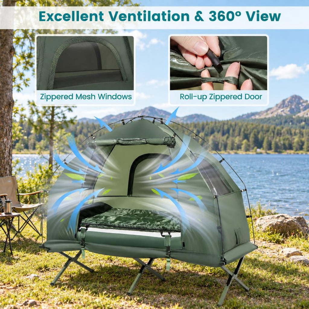 Airfind 1-Person Folding Camping Tent with Sunshade and Air Mattress, 300 lbs Capacity, 77 Inch x 35 Inch x 66 Inch Footprint, Green