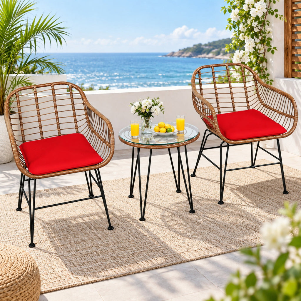 Airfind 3 Pieces Patio Rattan Bistro Set with Cushion, 170 lbs Capacity, Steel Rattan Sponge Polyester Frame, 22.5 Inch x 24 Inch x 31.5 Inch Footprint, Red