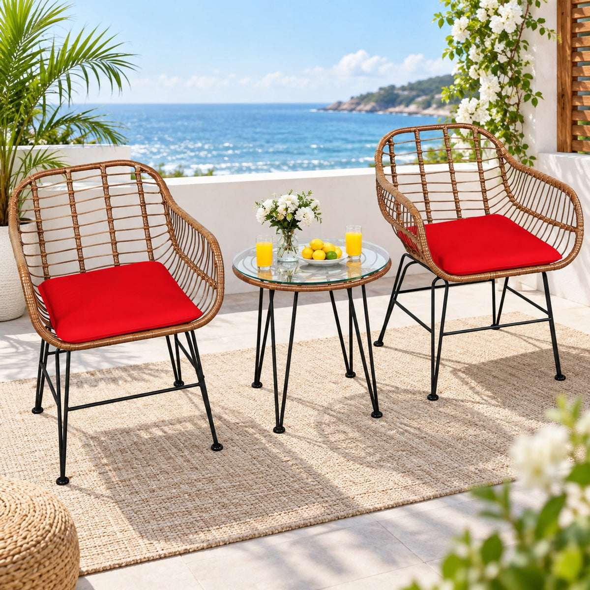 Airfind 3 Pieces Patio Rattan Bistro Set with Cushion, 170 lbs Capacity, Steel Rattan Sponge Polyester Frame, 22.5 Inch x 24 Inch x 31.5 Inch Footprint, Red