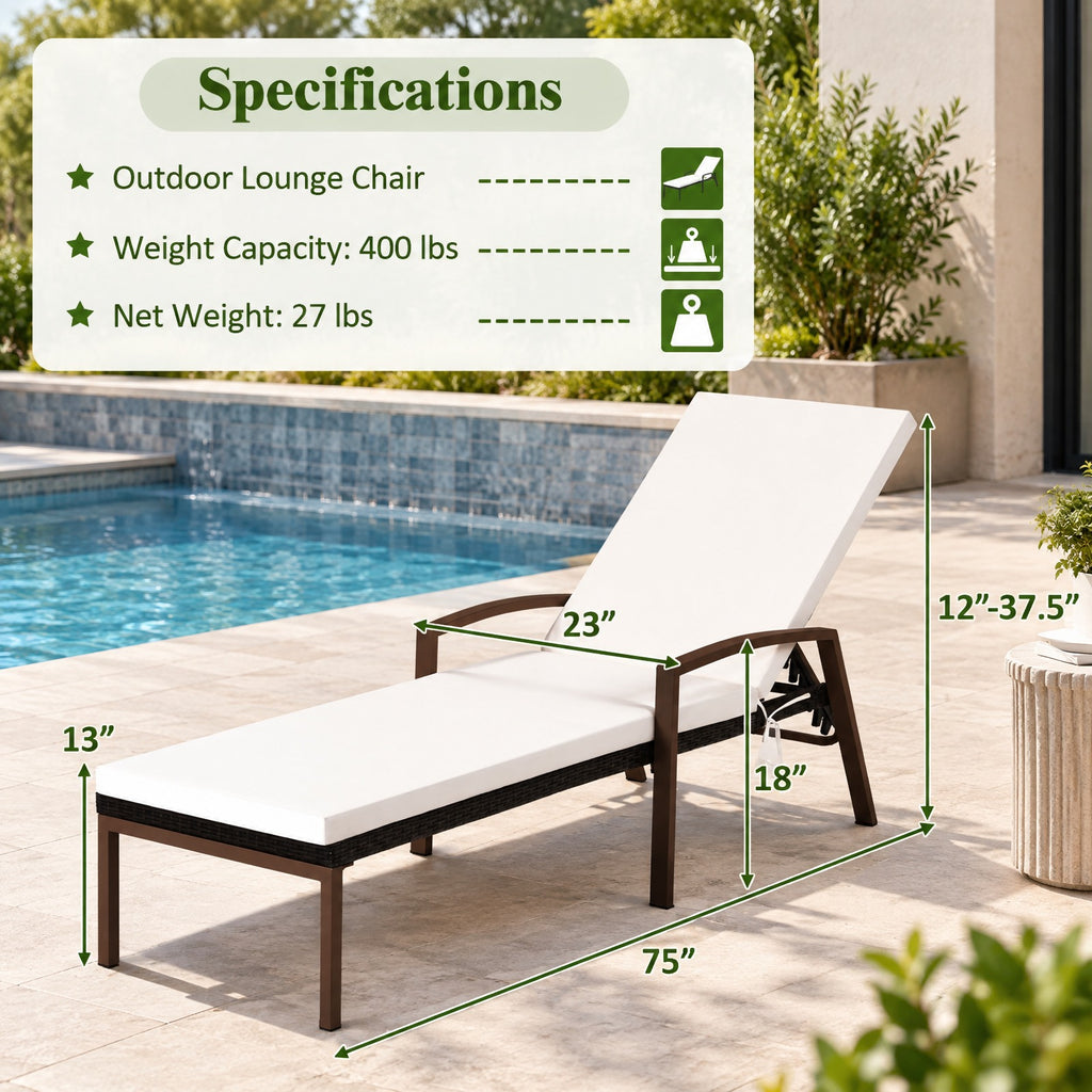 Airfind 2 Pieces Patio Rattan Adjustable Back Lounge Chair with Armrest and Removable Cushions, 400 lbs Capacity, Steel Rattan Frame, White