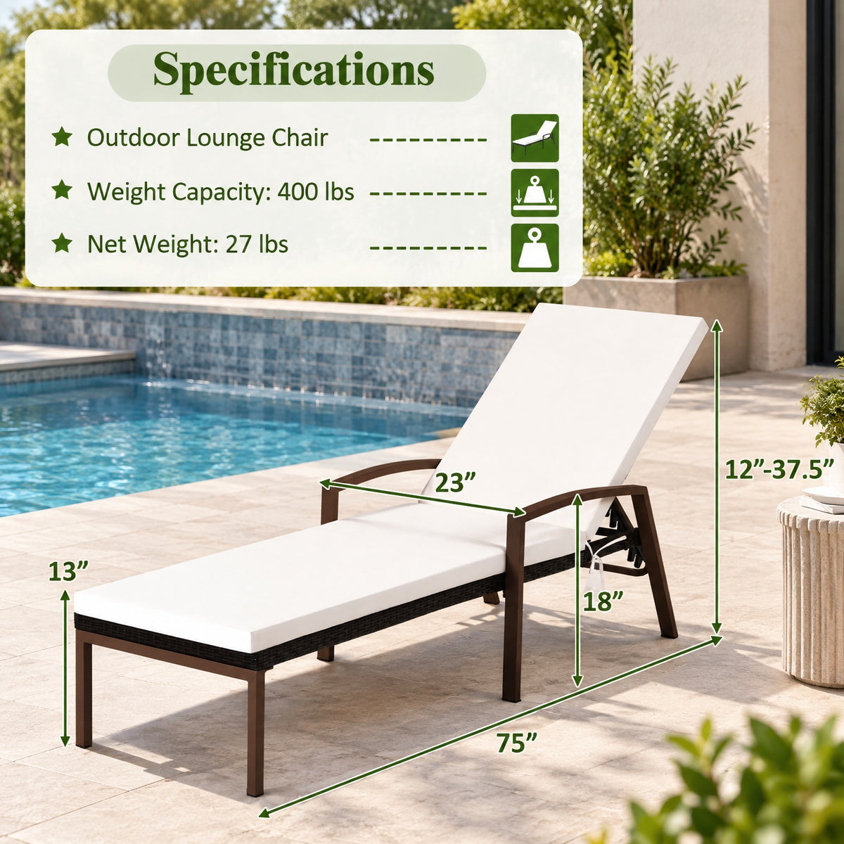 Airfind 2 Pieces Patio Rattan Adjustable Back Lounge Chair with Armrest and Removable Cushions, 400 lbs Capacity, Steel Rattan Frame, White