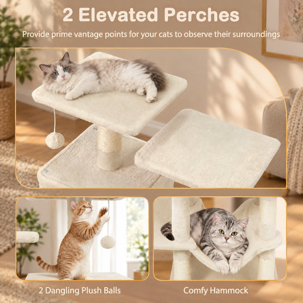 Airfind 57 Inch Cat Tree with Dual Condos and Hammock and 2 Dangling Balls, 29 x 16 Footprint, Beige