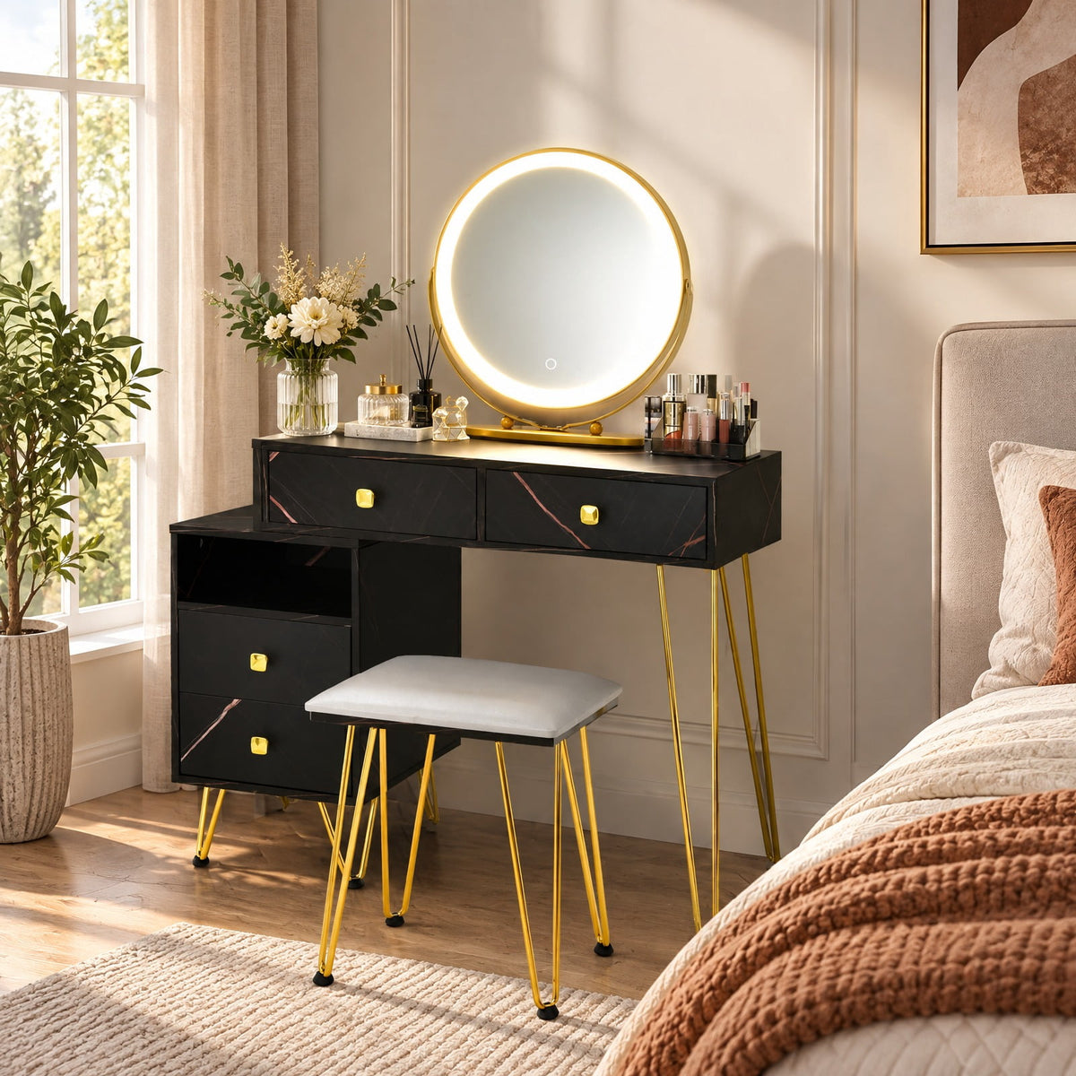 Airfind Modern Dressing Table with Storage Cabinet, 88 lbs Capacity, Steel plywood wood sponge glass Frame, 31.5in x 16in x 30in Footprint, Black