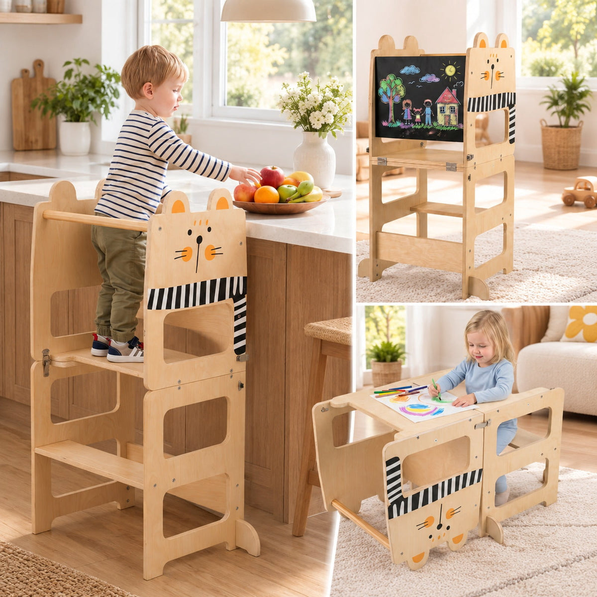 Airfind 3-in-1 Wooden Kids Toddler Kitchen Step Stool with Blackboard-BlackWhite, 110 lbs Capacity, Poplar Wood Frame, for 18+ months, Black