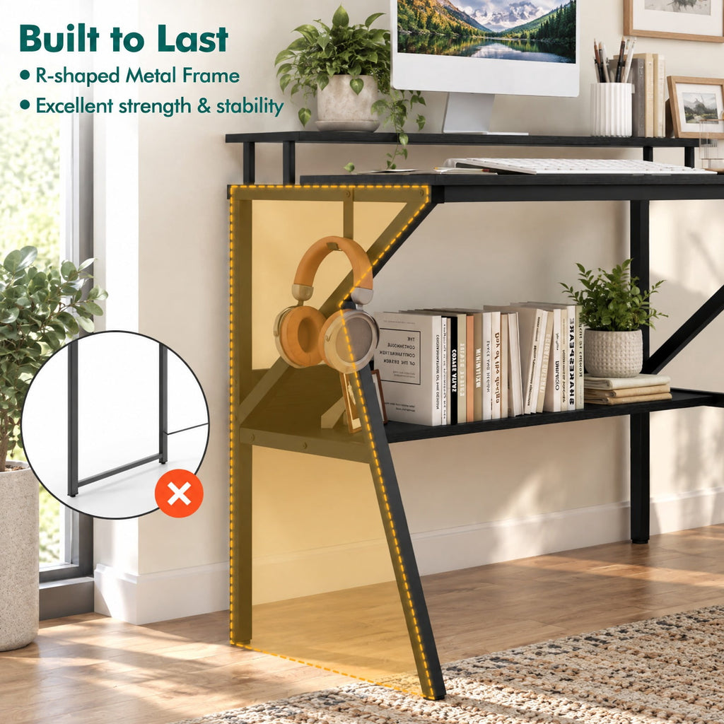 Airfind Space Saving Computer Desk with Monitor Stand and Extra Storage Shelf for Work Study, 200 lbs Capacity, Engineered Wood Metal Frame, Black