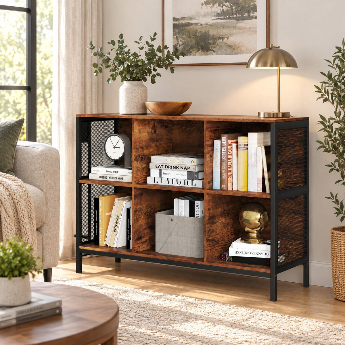 Airfind 6 Cube Bookcase 42 Wide Horizontal Bookshelf with Accent Cubby Shelf, 88 lbs Capacity, MDF Engineered Wood Metal Frame, Brown
