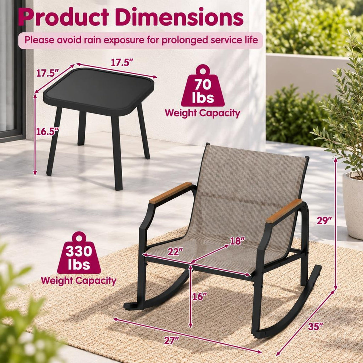 Airfind 3 Piece Patio Rocking Bistro Set with Tempered Glass Coffee Table and Armrests for Porch, Rocking Chair 330 lbs Capacity, Brown