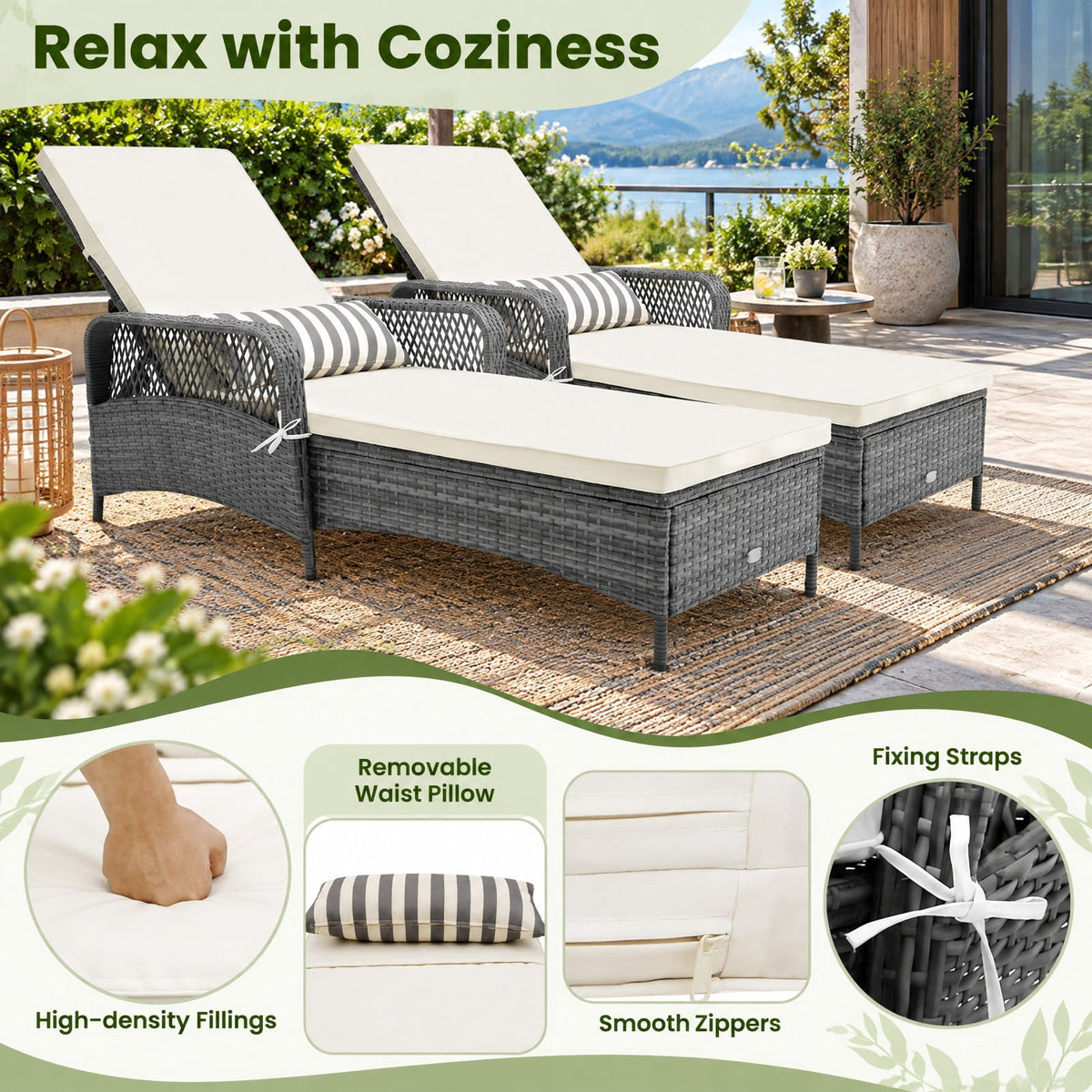 Airfind Outdoor Chaise Lounge Chair Recliner with 6, 400 lbs Capacity, Metal PE Rattan Polyester Fabric Spray-bonded Non-woven Fabric Sponge Frame