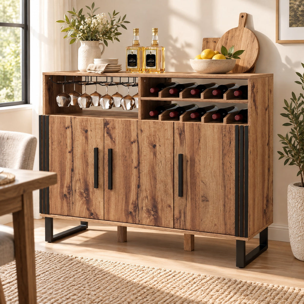 Airfind Home Wine Bar Cabinet with 3 Doors and Adjustable Shelves, 110 lbs Capacity, Engineered Wood MDF Frame, 47in x 16in x 37.5in Footprint, Brown